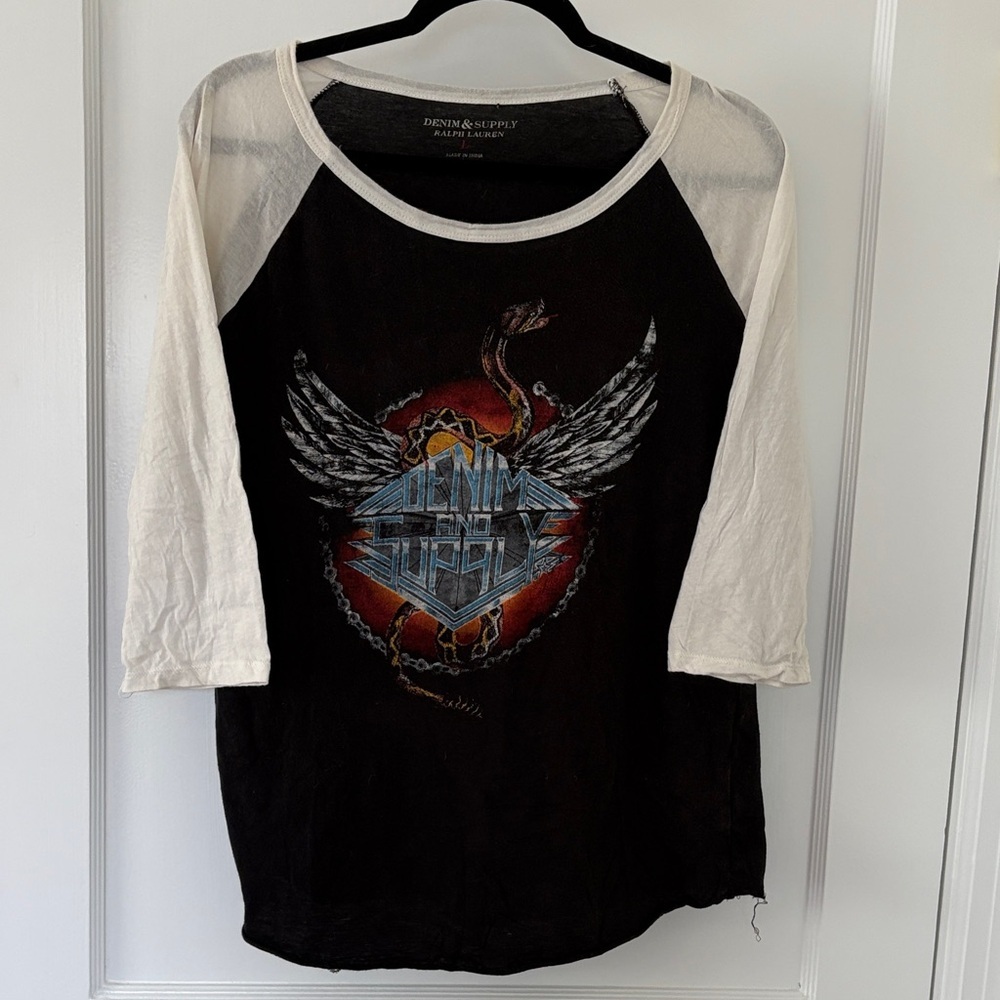 Denim & Supply Ralph Lauren Black Tee with Cream Raglan Sleeves and Graphic
